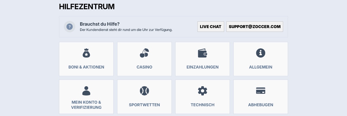 Kundensupport Seite von Zoccer